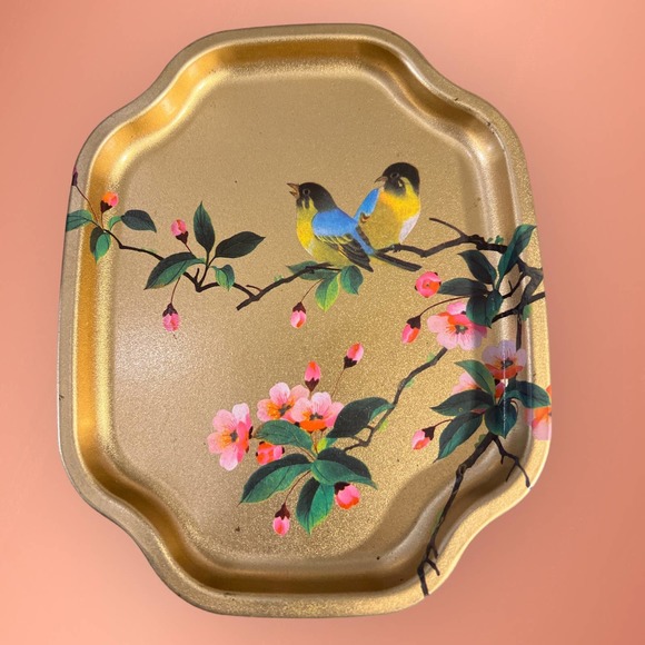 VTG Tin Trinket Tray w blue /yellow birds cherry Blossoms made in England - Picture 5 of 6